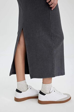 DeFacto Bodycon Bisiklet Yaka Fitilli Kaşkorse Maxi Uzun Kollu Yıkamalı Soluk Efektli Elbise C1652AX24SPAR15