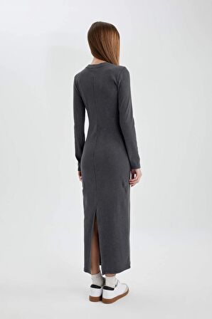 DeFacto Bodycon Bisiklet Yaka Fitilli Kaşkorse Maxi Uzun Kollu Yıkamalı Soluk Efektli Elbise C1652AX24SPAR15