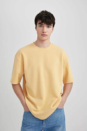 DeFacto Oversize Geniş Kalıp Bisiklet Yaka Kısa Kollu Basic Düz Ağır Kumaş Tişört X3926AZ24SPYL506