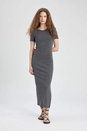 DeFacto Bodycon Bisiklet Yaka Fitilli Kaşkorse Kısa Kollu Maxi Elbise C2220AX24SPAR15