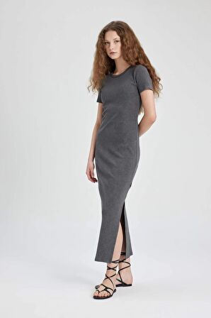 DeFacto Bodycon Bisiklet Yaka Fitilli Kaşkorse Kısa Kollu Maxi Elbise C2220AX24SPAR15