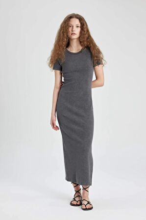 DeFacto Bodycon Bisiklet Yaka Fitilli Kaşkorse Kısa Kollu Maxi Elbise C2220AX24SPAR15