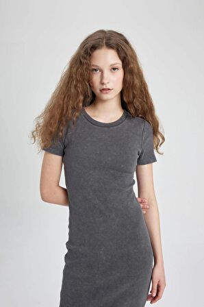 DeFacto Bodycon Bisiklet Yaka Fitilli Kaşkorse Kısa Kollu Maxi Elbise C2220AX24SPAR15