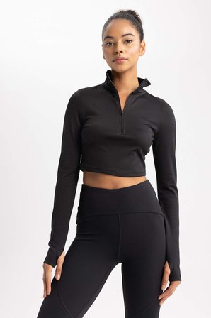 DeFactoFit Slim Fit Dar Kesim Fermuarlı Dik Yaka Sporcu Uzun Kollu Tişört W0343AZ23AUBK81