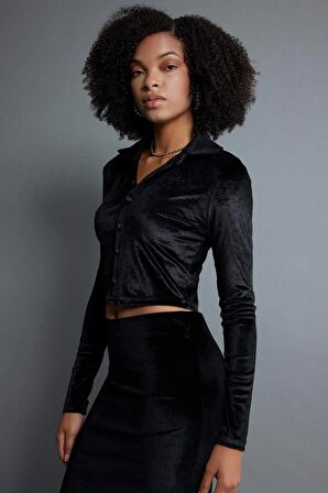 DeFacto Fitted Kadife Uzun Kollu Crop Gömlek B6530AX23WNBK27
