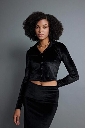 DeFacto Fitted Kadife Uzun Kollu Crop Gömlek B6530AX23WNBK27