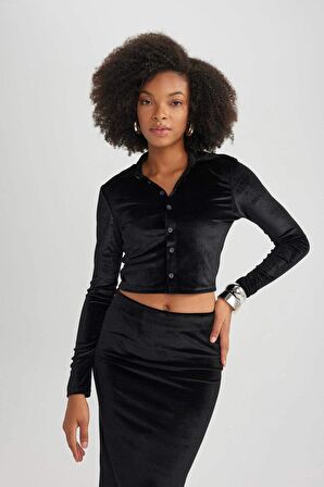 DeFacto Fitted Kadife Uzun Kollu Crop Gömlek B6530AX23WNBK27