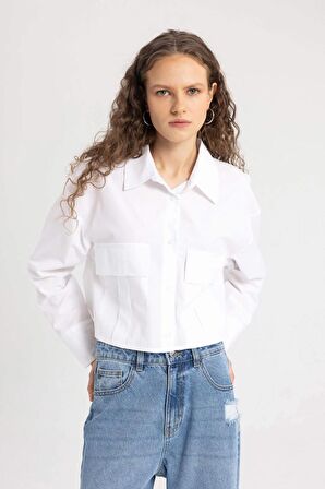 DeFacto Crop Basic Poplin Basic Uzun Kollu Gömlek C2355AX24SPWT34