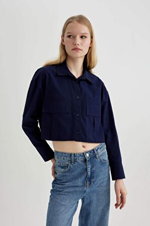 DeFacto Crop Poplin Basic Düz Uzun Kollu Gömlek C2355AX24SPNV251