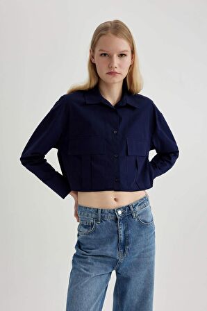 DeFacto Crop Poplin Basic Düz Uzun Kollu Gömlek C2355AX24SPNV251