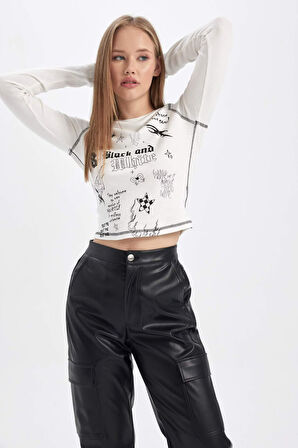 Coool Fitted Baskılı Fitilli Kaşkorse Uzun Kollu Tişört