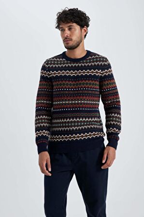 DeFacto Regular Fit Desenli Bisiklet Yaka Kazak T8648AZ23WNNV64