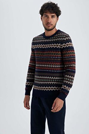 DeFacto Regular Fit Desenli Bisiklet Yaka Kazak T8648AZ23WNNV64