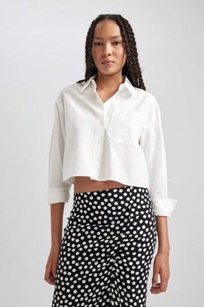 DeFacto Crop Top Gömlek Yaka Poplin Uzun Kollu %100 Pamuk Gömlek B0873AX23AUWT32