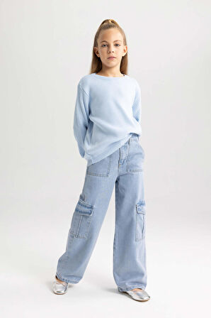 Kız Çocuk Oversize Fit Bisiklet Yaka Kazak