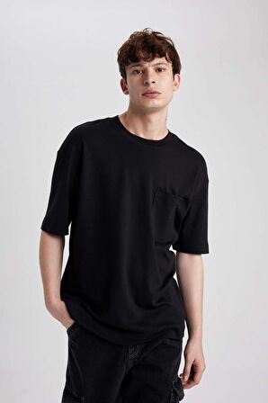 DeFacto Oversize Geniş Kalıp Bisiklet Yaka Basic Düz Kısa Kollu %100 Pamuk Ağır Kumaş Tişört T3661AZ24SPBK81