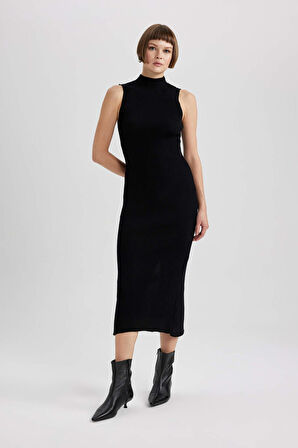 DeFacto Fitted Yarım Balıkçı Yaka Kolsuz Ribana Midi Elbise B8134AX23WNBK27