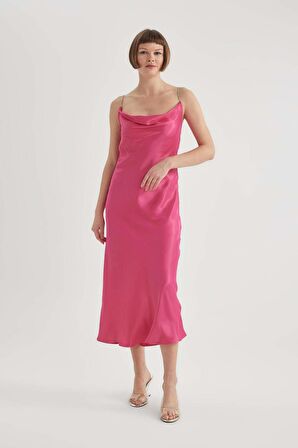 DeFacto Bodycon Bisiklet Yaka Kısa Kollu Saten Midi Elbise B7674AX23CWPN129