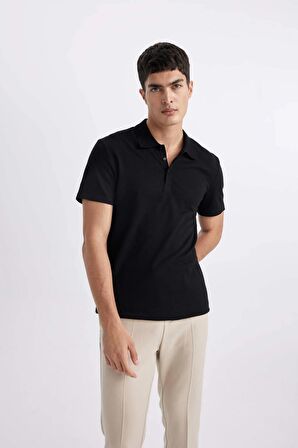 DeFacto Slim Fit Dar Kesim Kısa Kollu Pamuklu Modal Karışımlı Basic Düz Siyah Polo Tişört M6609AZ24SPBK81