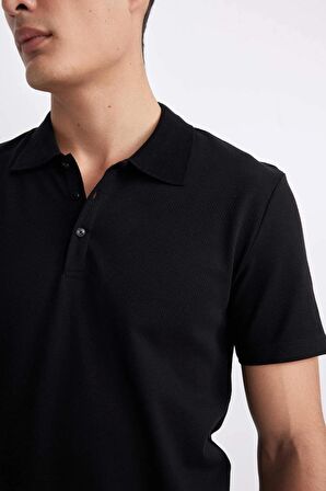 DeFacto Slim Fit Dar Kesim Kısa Kollu Pamuklu Modal Karışımlı Basic Düz Siyah Polo Tişört M6609AZ24SPBK81