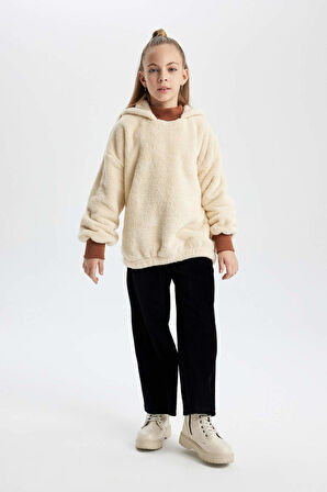 DeFacto Kız Çocuk Oversize Geniş Kalıp Kapüşonlu Pelüş Sweatshirt B2285A823WNBG782