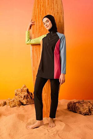 DeFacto Regular Fit Renk Bloklu 4'lü Basic Burkini Tesettür Mayo Takım B5237AX24SMBK81