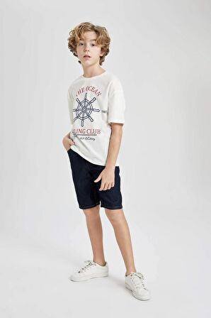 Erkek Çocuk Oversize Fit Bisiklet Yaka Baskılı Kısa Kollu Tişört