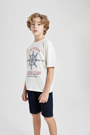 Erkek Çocuk Oversize Fit Bisiklet Yaka Baskılı Kısa Kollu Tişört