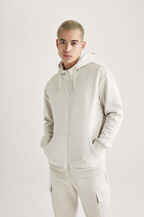 DeFacto Regular Fit Kapüşonlu İçi Yumuşak Tüylü Cepli Basic Düz Fermuarlı Sweatshirt X8331AZ24SPGR437