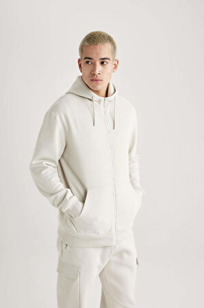 DeFacto Regular Fit Kapüşonlu İçi Yumuşak Tüylü Cepli Basic Düz Fermuarlı Sweatshirt X8331AZ24SPGR437