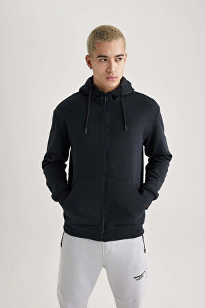 DeFacto Regular Fit Kapüşonlu İçi Yumuşak Tüylü Cepli Basic Düz Fermuarlı Sweatshirt X8331AZ24SPAR204