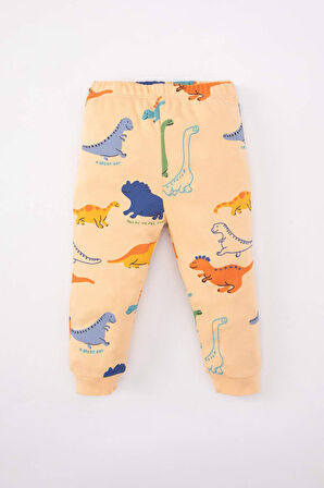 Erkek Bebek Pijama Takımı Dinazor Baskılı Uzun Kollu Üst Beli Lastikli Uzun Alt
