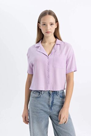 DeFacto Coool Oversize Geniş Kalıp Pijama Yaka Kısa Kollu Gömlek C3751AX24SPPR143
