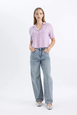 DeFacto Coool Oversize Geniş Kalıp Pijama Yaka Kısa Kollu Gömlek C3751AX24SPPR143