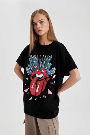 DeFacto Rolling Stones Oversize Fit Bisiklet Yaka Kısa Kollu Tişört C3771AX24SMBK81