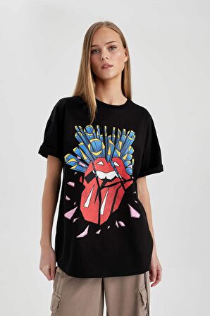 DeFacto Rolling Stones Oversize Fit Bisiklet Yaka Kısa Kollu Tişört C3771AX24SMBK81