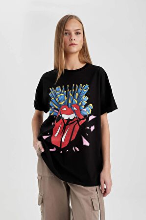 DeFacto Rolling Stones Oversize Fit Bisiklet Yaka Kısa Kollu Tişört C3771AX24SMBK81