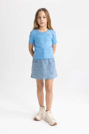 DeFacto Kız Çocuk Slim Fit Dar Kesim Bisiklet Yaka Ribana Basic Düz Kısa Kollu Tişört B3054A824SMBE339