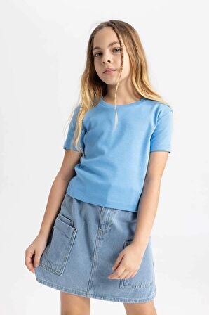 DeFacto Kız Çocuk Slim Fit Dar Kesim Bisiklet Yaka Ribana Basic Düz Kısa Kollu Tişört B3054A824SMBE339