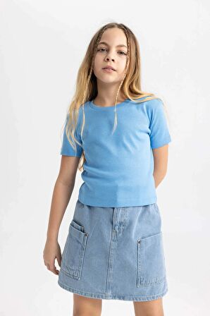 DeFacto Kız Çocuk Slim Fit Dar Kesim Bisiklet Yaka Ribana Basic Düz Kısa Kollu Tişört B3054A824SMBE339