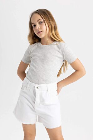 DeFacto Kız Çocuk Slim Fit Dar Kesim Bisiklet Yaka Ribana Basic Düz Kısa Kollu Tişört B3054A824SMGR379