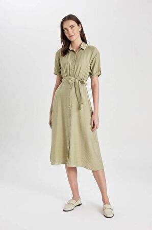 DeFacto Gömlek Yaka Keten Görünümlü Kuşaklı Kısa Kollu Midi Elbise U6943AZ24SMKH271