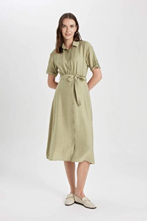 DeFacto Gömlek Yaka Keten Görünümlü Kuşaklı Kısa Kollu Midi Elbise U6943AZ24SMKH271