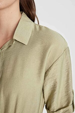 DeFacto Gömlek Yaka Keten Görünümlü Kuşaklı Kısa Kollu Midi Elbise U6943AZ24SMKH271