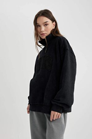 DeFacto Oversize Fit Yarım Fermuarlı Baskılı Kalın Kumaş Yıkamalı Soluk Efektli Sweatshirt C2014AX24SPBK81