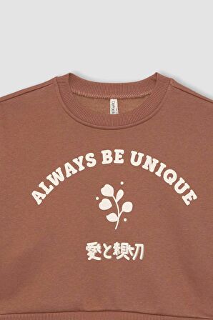 DeFacto Kız Çocuk Relax Fit Bisiklet Yaka Baskılı Kalın Sweatshirt B4675A823WNBN569