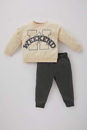 Erkek Bebek Slogan Baskılı Sweatshirt Kumaşı 2'li Takım