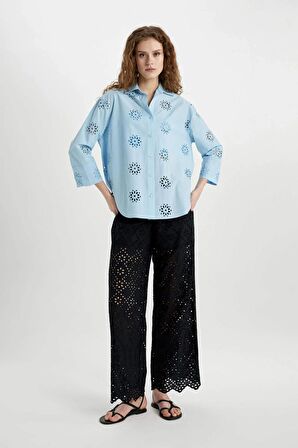 DeFacto Wide Leg Kumaş Pantolon Geniş Bol Paça Cepli Yüksek Bel Brode Delikli Uzun Boy C0320AX24SMBK81