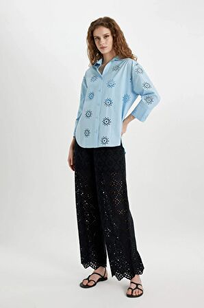 DeFacto Wide Leg Kumaş Pantolon Geniş Bol Paça Cepli Yüksek Bel Brode Delikli Uzun Boy C0320AX24SMBK81