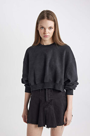 Coool Crop Kalın Kumaş Yıkamalı Soluk Efektli Basic Düz Sweatshirt